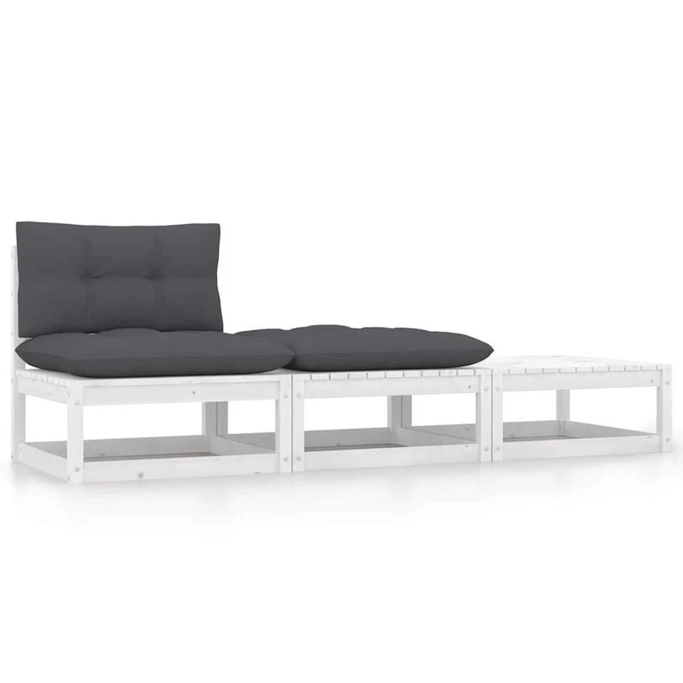 VidaXL 3-delige Loungeset Met Kussens Massief Grenenhout Wit